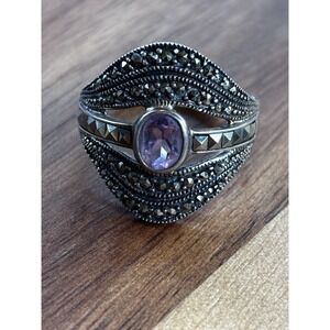 .925 Oval Cut Purple Amethyst And Marcasite Art Deco Ring Sz 10 Ster 280